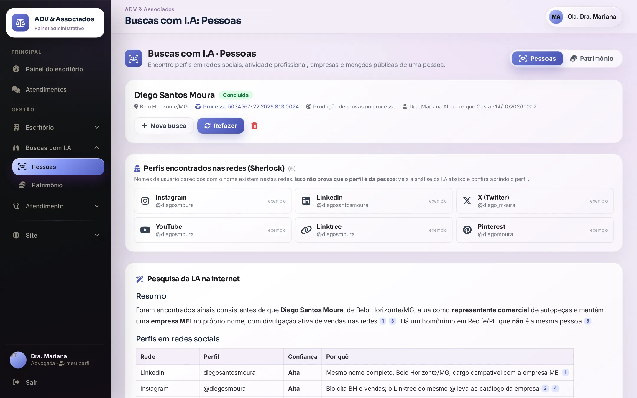 Perfis encontrados nas redes e pesquisa da I.A