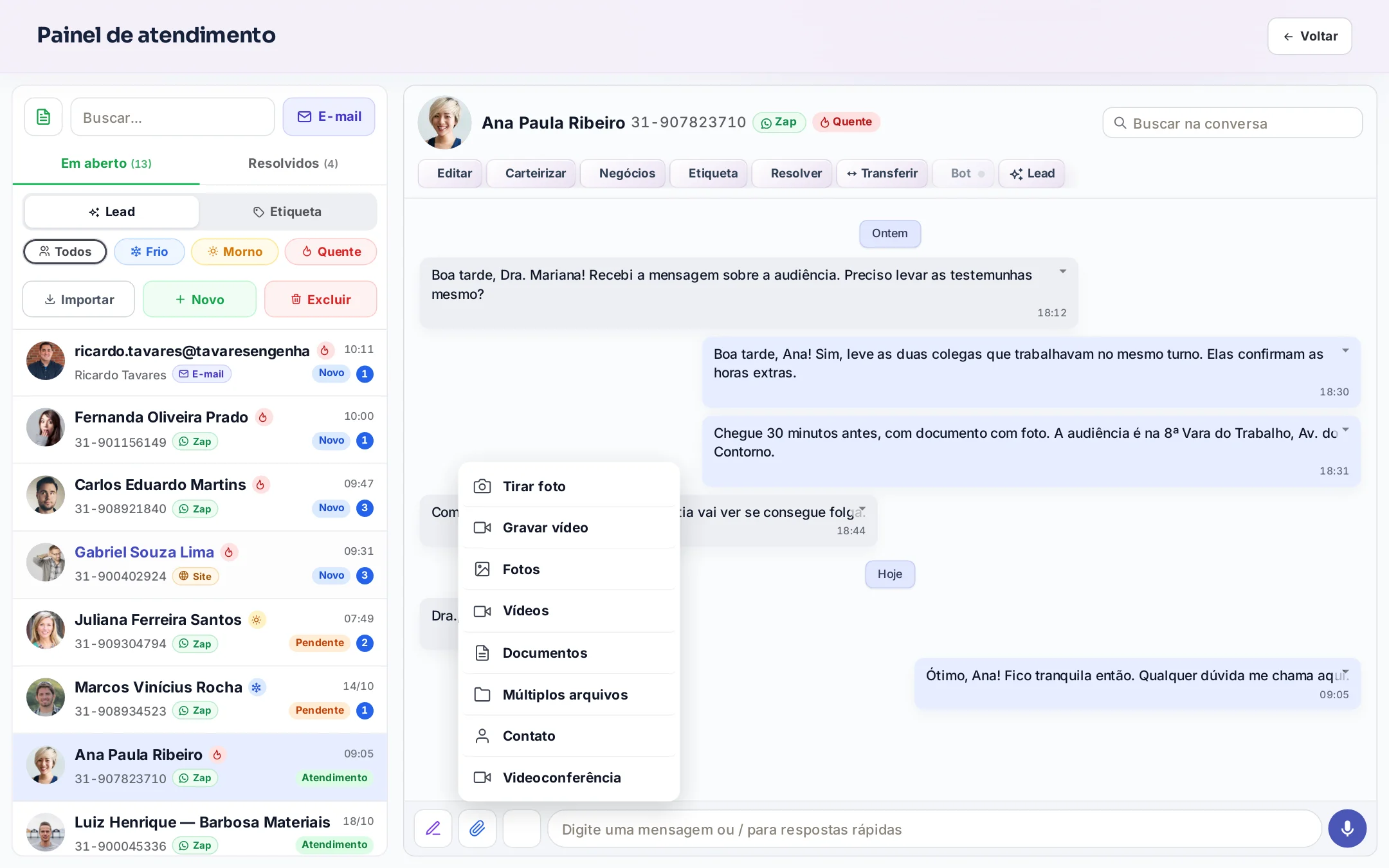 Botão de videoconferência no atendimento