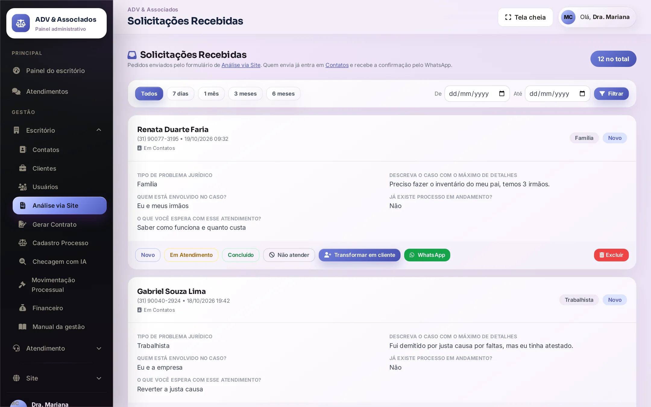 Solicitações recebidas